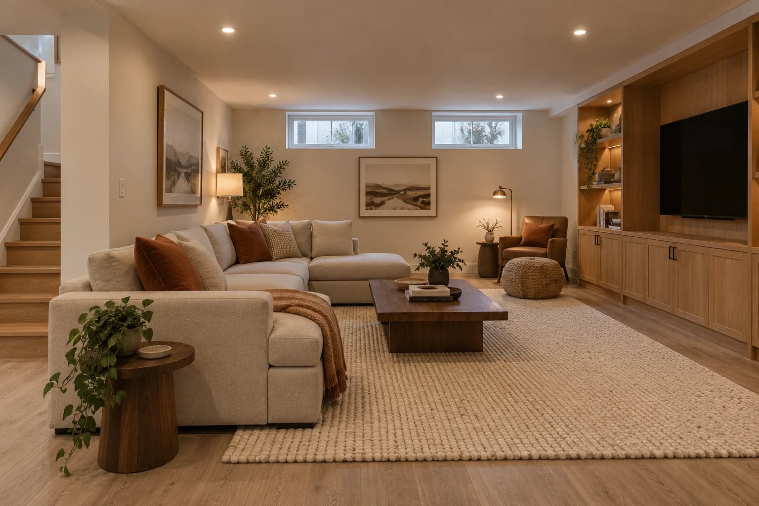 Basement design inspiration: a finished family room with a warm oak media wall, comfortable seating, and high-set windows